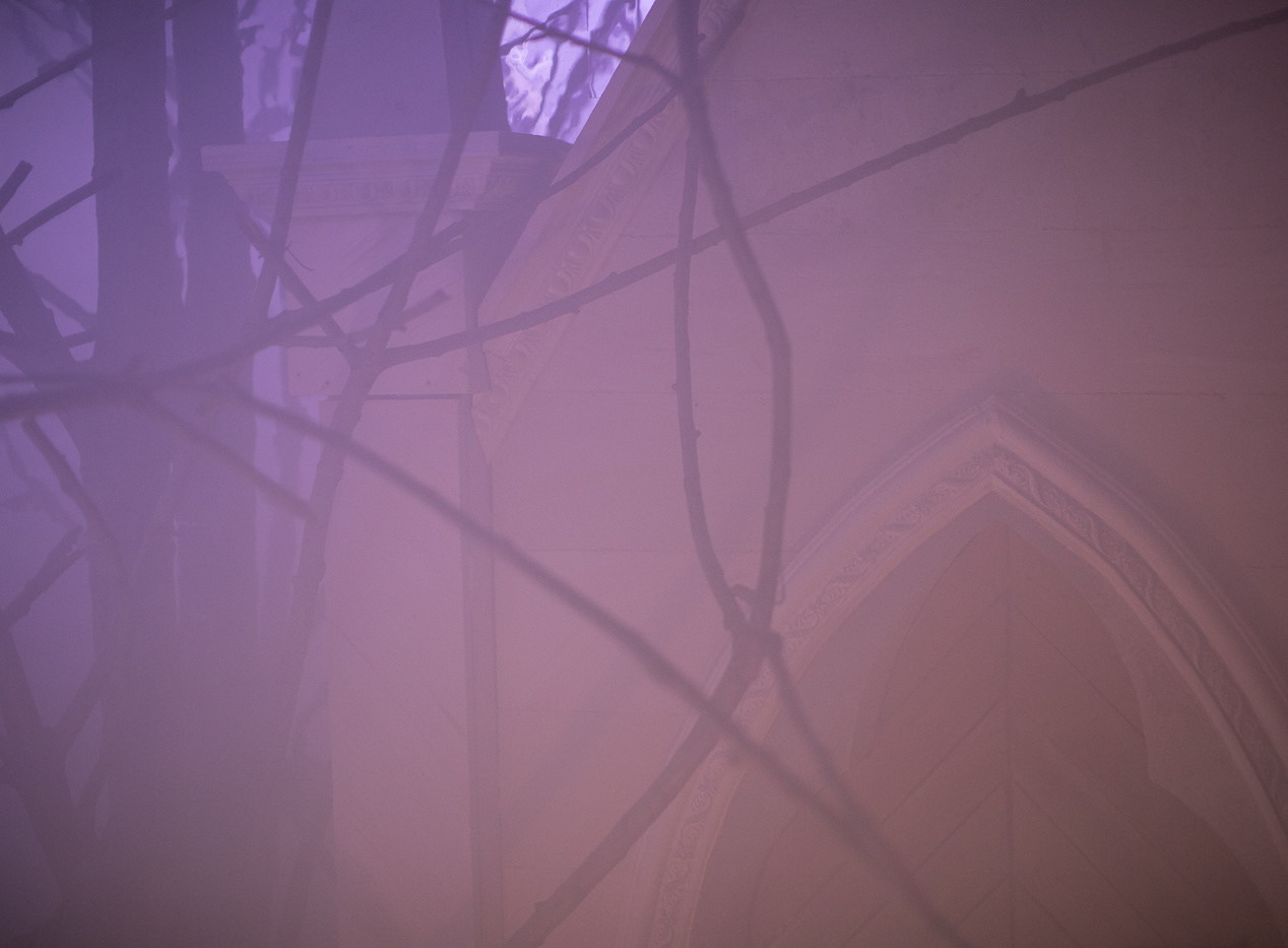 Interni Escape Room Cripta Milano: pilastri in stile marmo di Candoglia e architettura gotica tra rami di legno