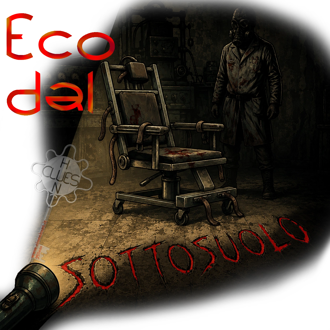 Rappresentazione concettuale dell'escape room temporanea horror con attore 'Eco dal Sottosuolo' di Clues Hunt Milano. L'immagine simboleggia l'esperienza di esplorazione urbana (Urbex) e il tema del gioco: un laboratorio militare degli anni '50 dove si effettuavano test clandestini su cavie umane. La sedia di contenzione insanguinata al centro rappresenta l'ambiente traumatico in cui i giocatori dovranno investigare, mentre la figura enigmatica sullo sfondo con camice e maschera antigas incarna la presenza del figurante/attore che dà la caccia ai partecipanti nel buio. Il pannello analogico evoca gli enigmi tecnologici e i misteri sepolti nel bunker sotterraneo che i team devono risolvere per scappare."